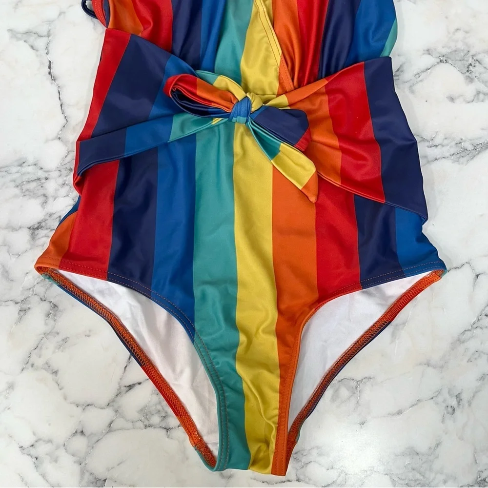 ModCloth x Collectif The Brooke One-Piece Halter Swimsuit Rainbow Stripes XS